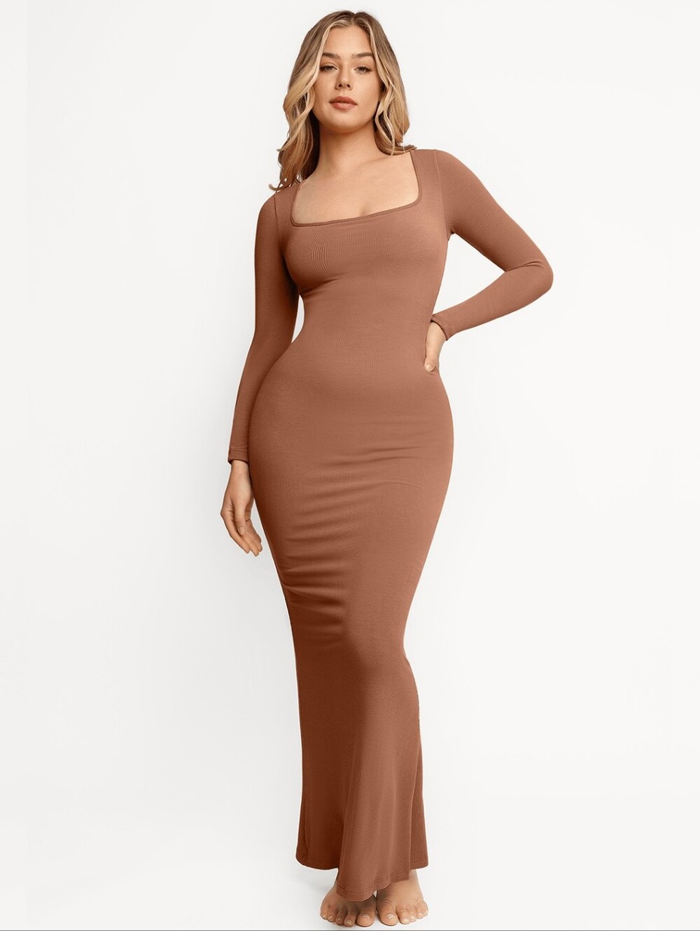 NWT Popilush Ribbed Shapewear Square Neck Long Sleeve Slimming Maxi Dress